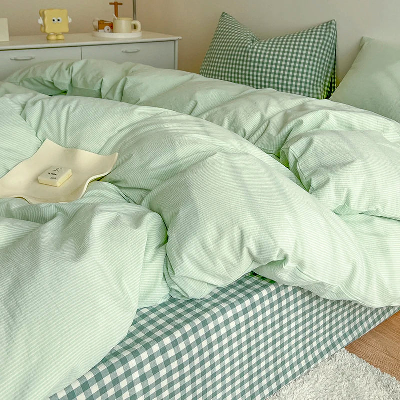 Japanese Simple Stripe Quilt Cover Washed Cotton Bed Sheet Pillowcase Twin Full Queen Bed Linen Adult Duvet Cover Set No Filler