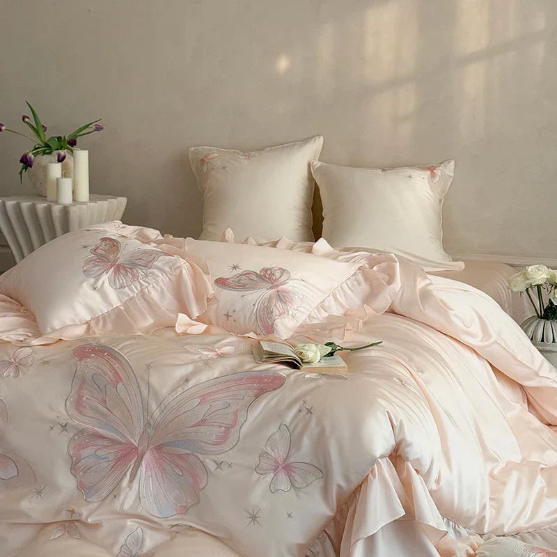 100% Cotton Gorgeous Bedding Set Butterfly Embroidery Flat Sheet Pillowcases Queen Size For Women Bare Sleeping Skin-Friendly