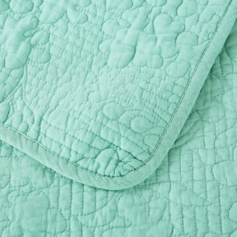 Double Bed 100% Cotton Pure Green 3pcs Printed Quilted Quilt Pillowcase Free Shipping