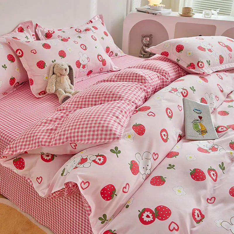 Floral Bedding Set Kawaii Rabbit Duvet Cover Flat Sheet Pillowcase Soft Bed Linens Single Full Dormitory Bedroom Home Textile
