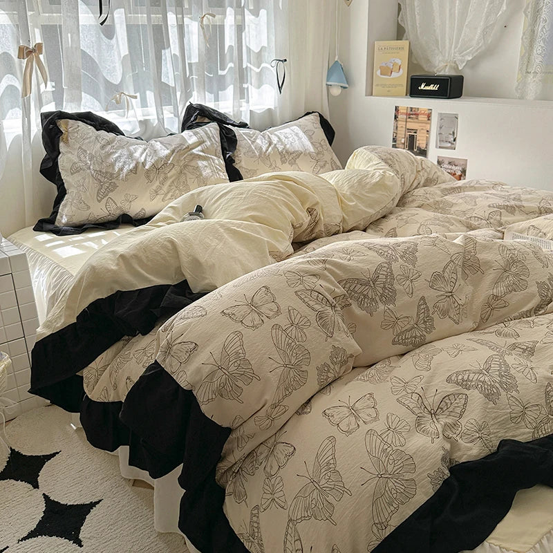 French Romantic Style Bedding Set Princess Skin Friendly And Comfortable Quilt Cover Lace Washed Cotton Printed Duvet  Cover Set