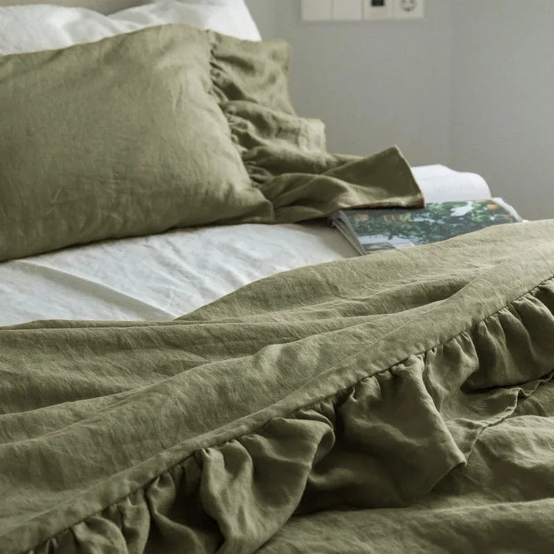 3PCS 100% Pure Linen Ruffle Duvet Cover Set Pillowcase And Duvet Cover Double Queen King Size Soft Bed Set Flax Bedding Kit