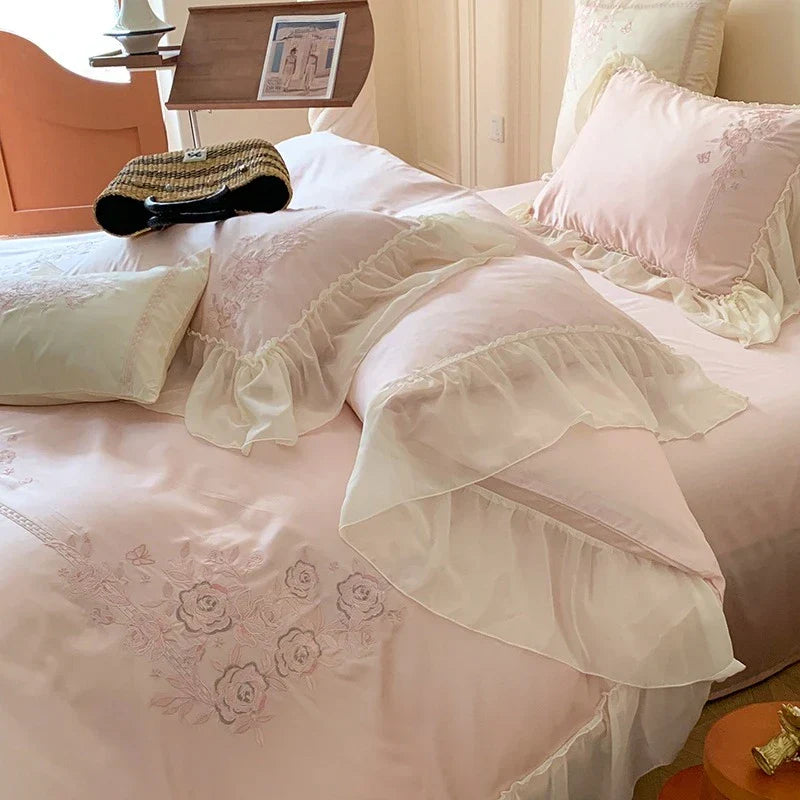 4Pcs Queen Size Flowers Embroidery Bedding Set Duvet Cover Bed Sheet Pillowcases