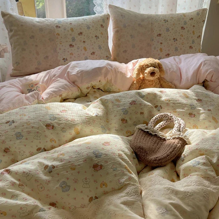 2025 new small floral cloud wrinkle double yarn bed four-piece set princess lace quilt cover three-piece bed sheet set