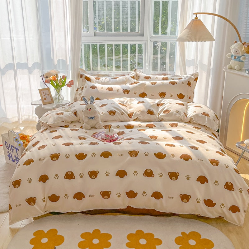 Cotton Home Textile Rose Floral Bedding Set Boy Girl Duvet Cover Flat Sheet Pillowcase Aesthetic Bedcloth Double Queen Bed Linen