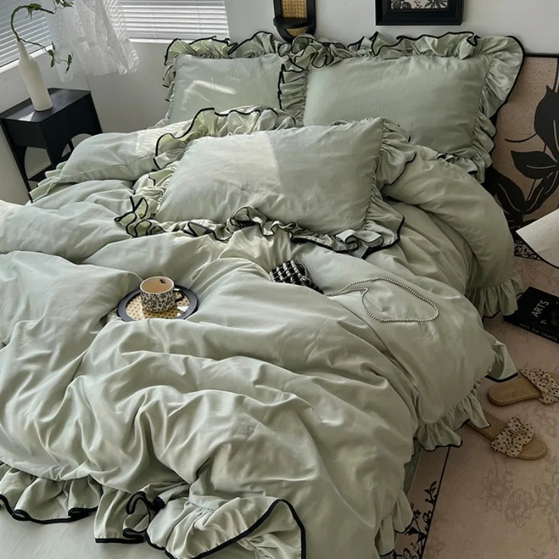 2025 summer ice silk Korean large lace washed silk four-piece set lace mattress cool bed sheet summer bedding