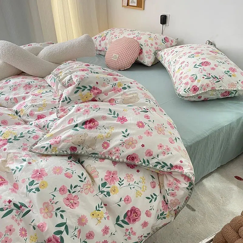 Student Dormitory Three-piece Ins Oil Painting Wind Tulip Quilt Set Double Yarn Four-piece Set 1.8 Washed Cotton Bed Girl