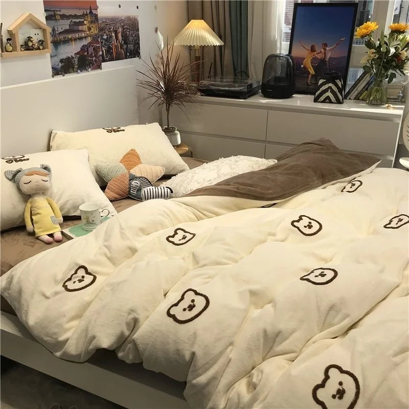 Fashion Style Pink Bedding Set Soft Flower Duvet Cover Pillowcase Bed Flat Sheet Set For Girl Women Twin Full Queen Bedclothes