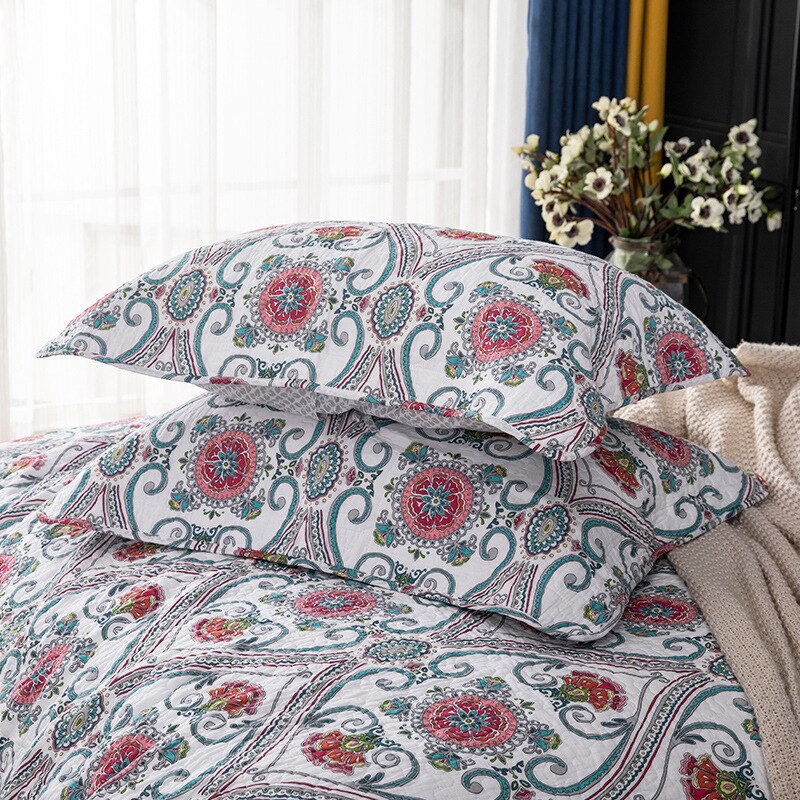 100% Cotton Double Bed Floral Red Flower 3pcs Printed Quilted Quilt Pillowcase Free Shipping de cama casal