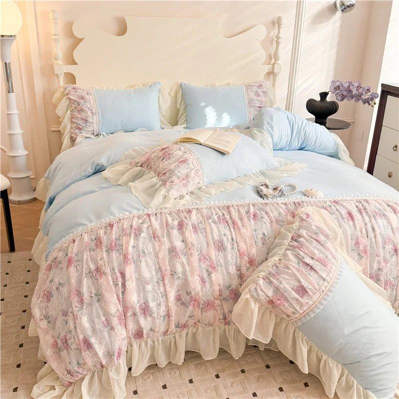 Flowers Lace Ruffles Princess Wedding Bedding Set Full Queen King Duvet Cover Bed Skirt/Bed Sheet/Fitted Sheet Pillowcases 4Pcs