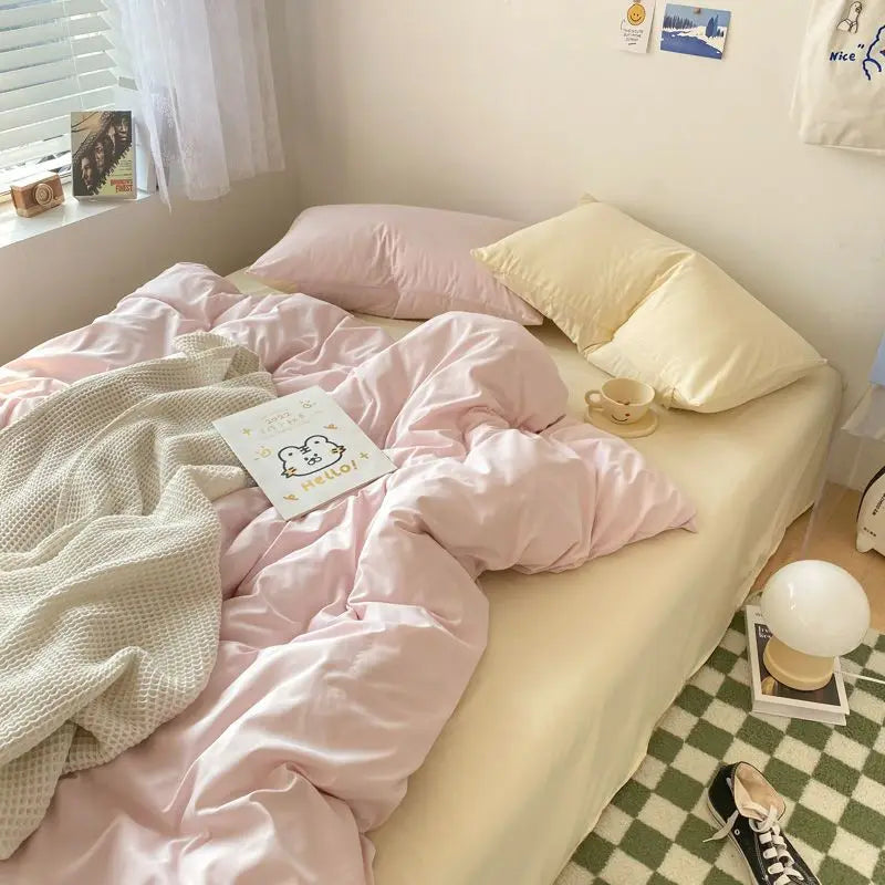 Korean Solid Color Bedding Set Adults Kids Twin Full Queen Size Soft Bed Flat Sheet Duvet Cover Set Pillowcases Simple Bed Linen