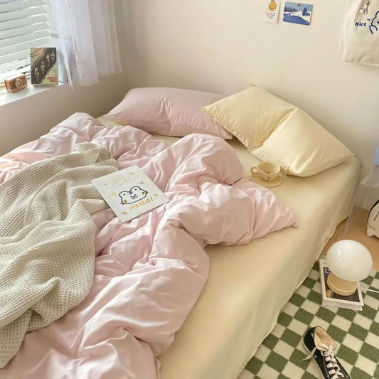 Korean Solid Color Bedding Set Adults Kids Twin Full Queen Size Soft Bed Flat Sheet Duvet Cover Set Pillowcases Simple Bed Linen