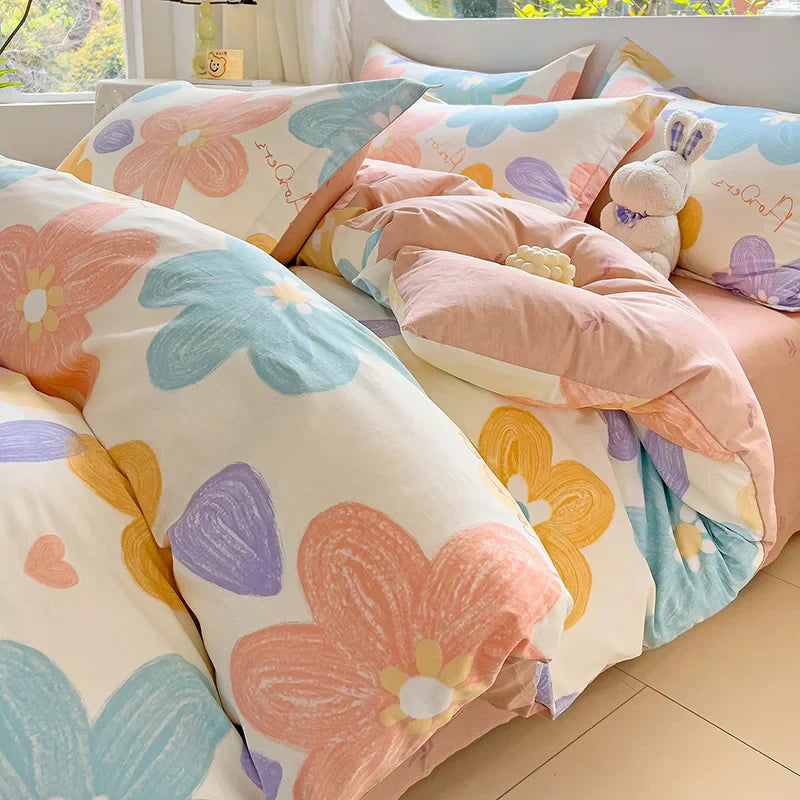 2025 Hot Flora Style Bedding Set Princess Printed Four Piece Set Flowers  Bed Sheet Set Duvet Cover Queen King Size Home Decor