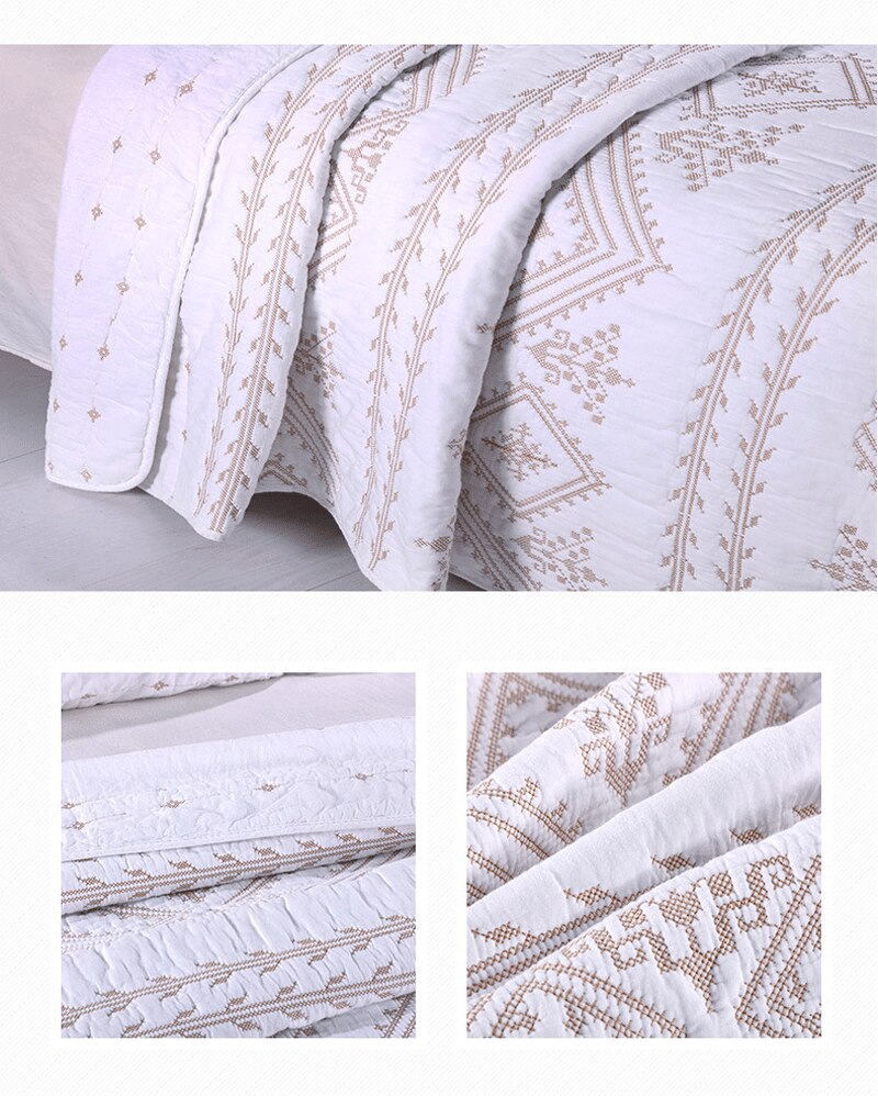 Double Bed Cover Geometric Embroidery Plain 3 Piece Quilted Quilt Pillowcase Free Shipping