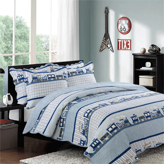 100% Cotton Small Train Kid's Quilt 3pcs Embroidered Quilted Quilt Pillowcase Free Shipping