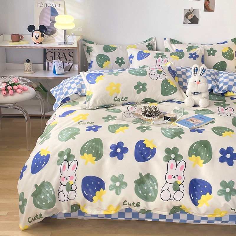 Cotton Home Textile Rose Floral Bedding Set Boy Girl Duvet Cover Flat Sheet Pillowcase Aesthetic Bedcloth Double Queen Bed Linen