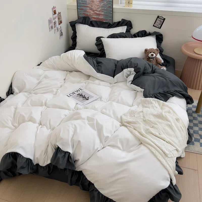 Ins Princess Bedding Set 4 New Duvet Cover Fresh Blue Solid Color Floral Wrinkled Yann Bed Set Of Four Pieces Bed Sheets