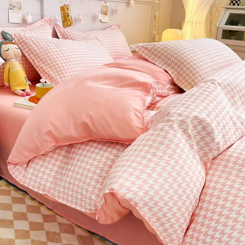 Classic Plaid Bedding Set Grey Pink Ins Twin Queen Duvet Cover Flat Sheet Pillowcase No Filler Girl Boys Hotel Home Bed Linens