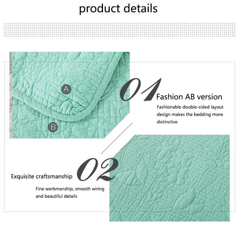 Double Bed 100% Cotton Pure Green 3pcs Printed Quilted Quilt Pillowcase Free Shipping