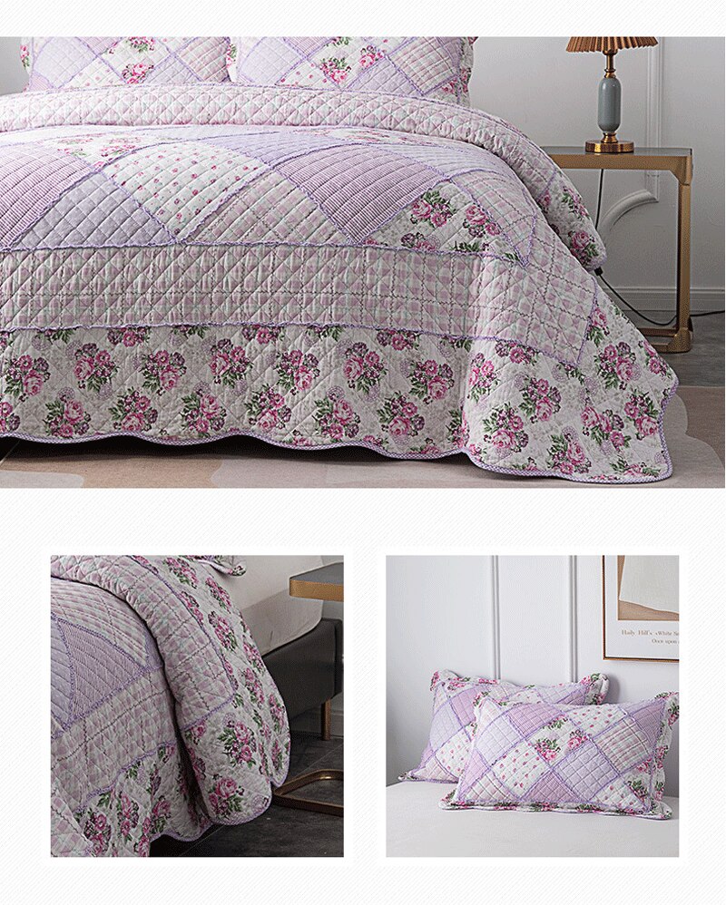 Single Double Bed 100%Cotton Purple 3pcs Printed Quilted Quilt Pillowcase Free Shipping lençol de cama casal أسرّة