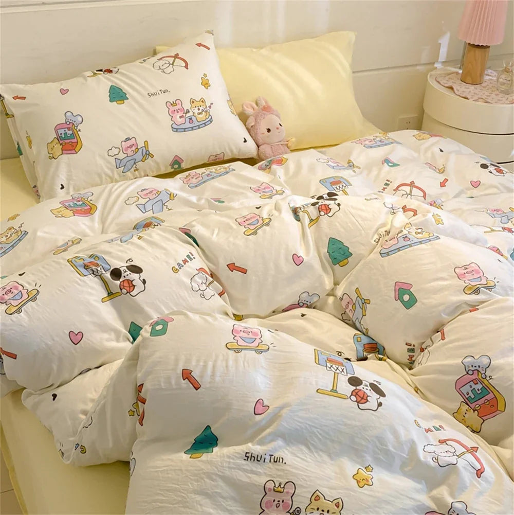 Floral Printed Duvet Cover with Pillowcase Bedding Set Washed Cotton Skin-friendly Four Pieces Set Duvet Cover Set with Sheet