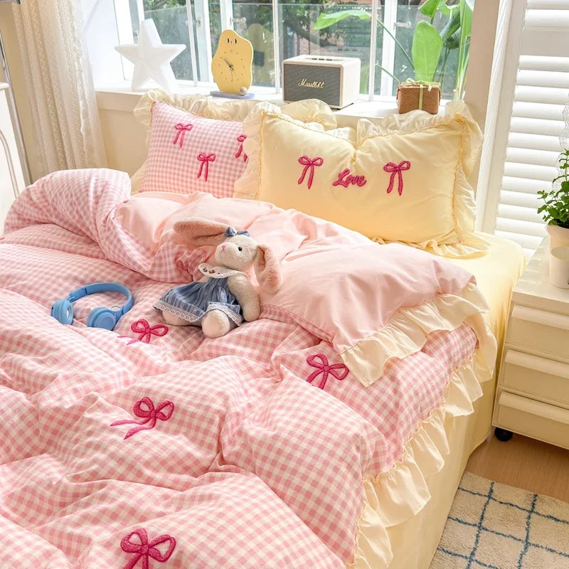 Classic Plaid Duvet Cover, Soft Lace Bedding Set, Bow Design Skin-friendly Quilt Cover, 2 Pillowcases with Different Patterns