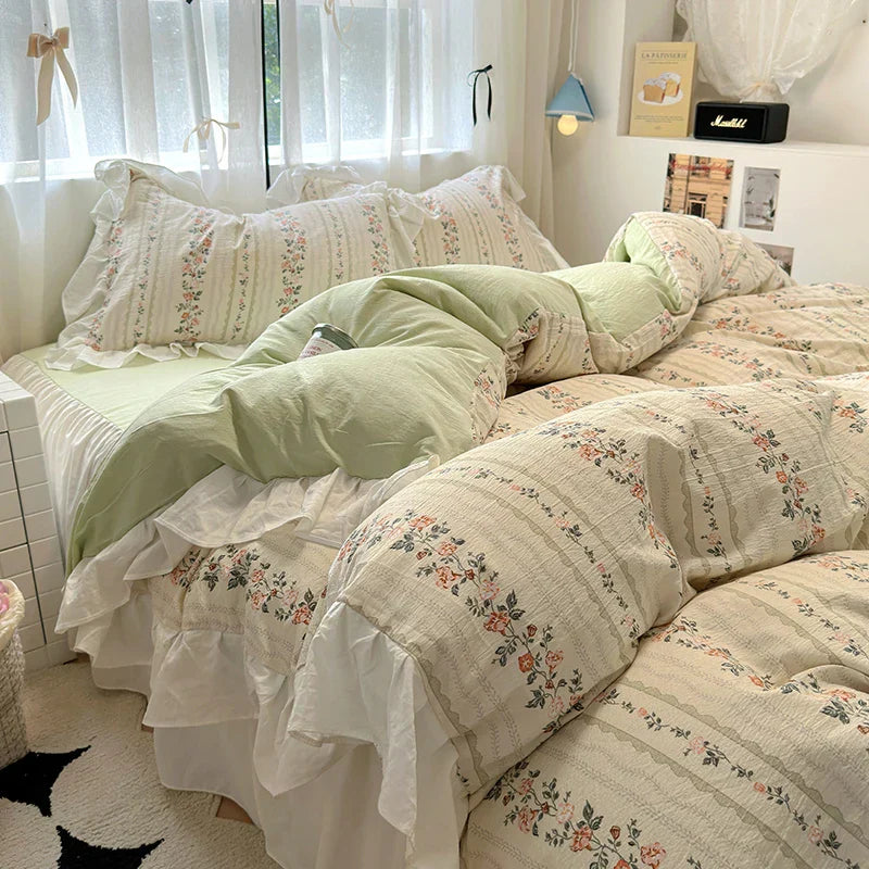 French Romantic Style Bedding Set Princess Skin Friendly And Comfortable Quilt Cover Lace Washed Cotton Printed Duvet  Cover Set