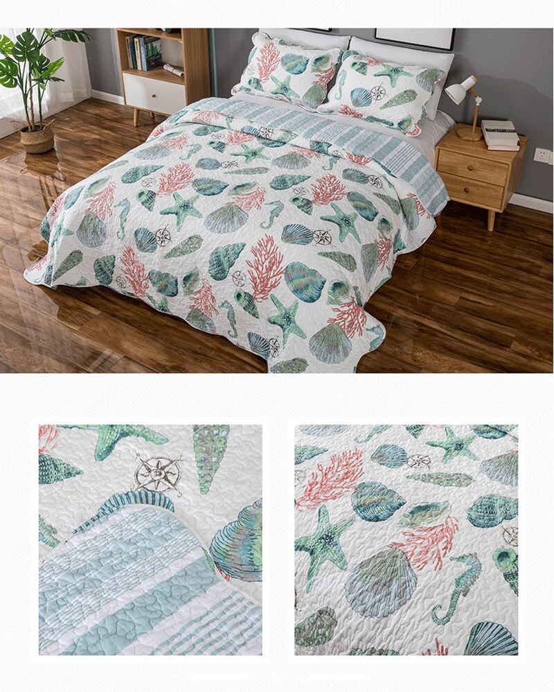 Double Bed Cotton Print Sea Life 3 Piece Quilted Quilt Pillowcase Free Shipping
