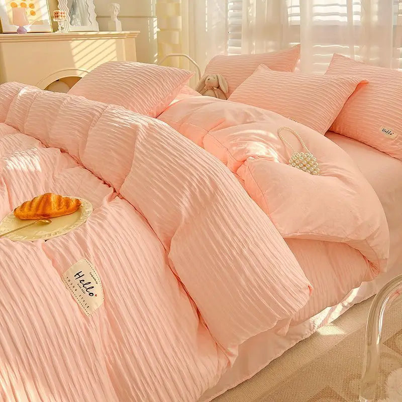 Seersucker Bedding Sets Solid Color Washed Cotton Microfiber Duvet Cover Flat Sheet Pillowcases Soft Duvet Cover Sets