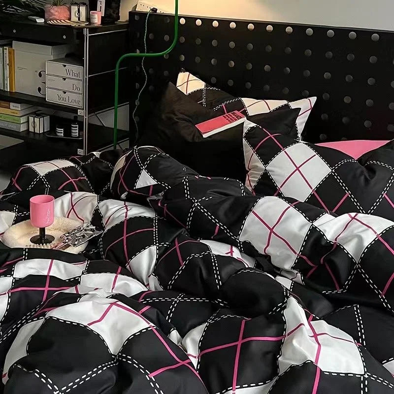Fashion Style Pink Black Bedding Set Soft Flower Duvet Cover Pillowcase Bed Flat Sheet Set For Girl Double Queen King Bedclothes