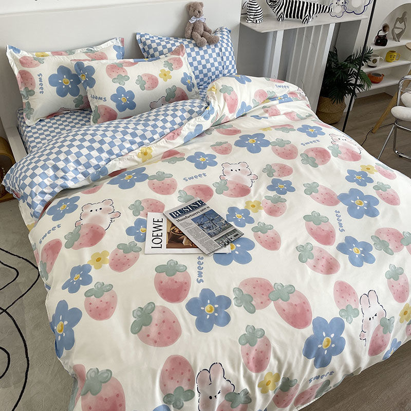 Cute Bear Bedding Set Girls Boys Kids Single Double Size Flat Sheet Duvet Cover Pillowcase Bed Linens White Blue Home Textile