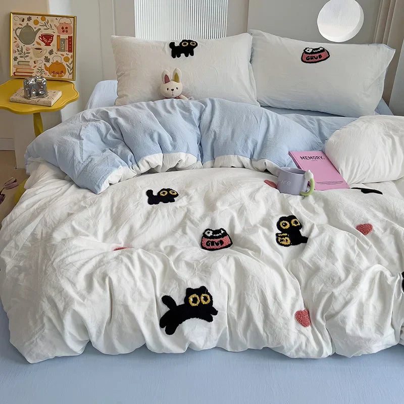Bedding Set Super Soft Washed Cotton Towel Embroidery Duvet Cover Four Piece Set - Lucky Cat Series