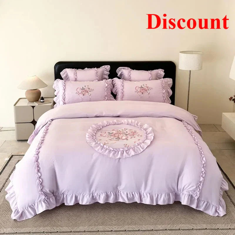 4Pcs Rose Flowers Embroidery Bedding Set Double King Queen Size Pink Girls Bedroom Duvet Cover Flat/Fitted Bed Sheet