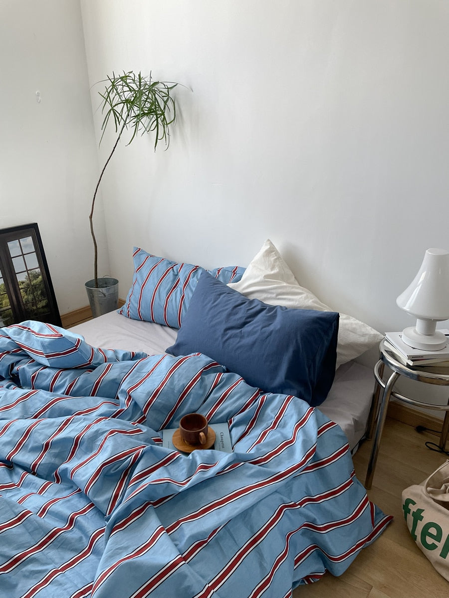 New 100% Cotton Blue Bedding Set Luxury Simple Striped Bed Sheet Quilt Cover Pillow Case Bed Hat Fashion Design 2.0m/1.2m Bed