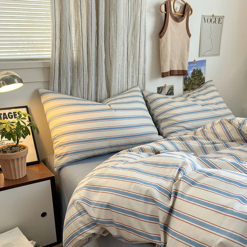 100% Cotton Stripe Style Duvet Cover Set 3-Piece (1 Duvet Cover + 2 Pillowcases),Minimalist Bedding Set for All Seasons