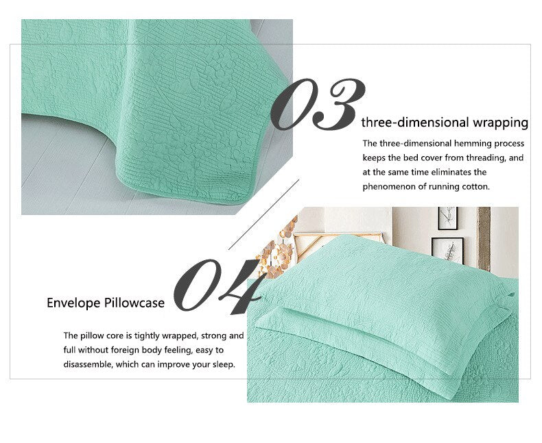 Double Bed 100% Cotton Pure Green 3pcs Printed Quilted Quilt Pillowcase Free Shipping