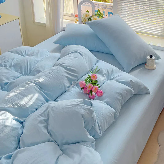 Girls Blue Duvet Cover Set Twin Full Queen Size Soft Flat Sheet Pillowcase Bed Linen Princess Style Solid Color INS Bedding