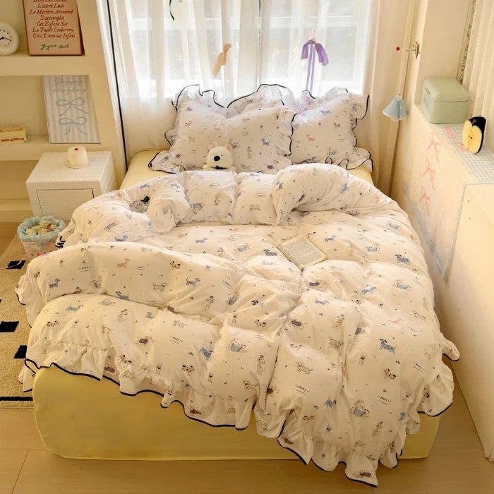 2025 new cream lace girl powder grid Korean version bed four-piece set washed cotton double-layer yarn quilt cover dormitory