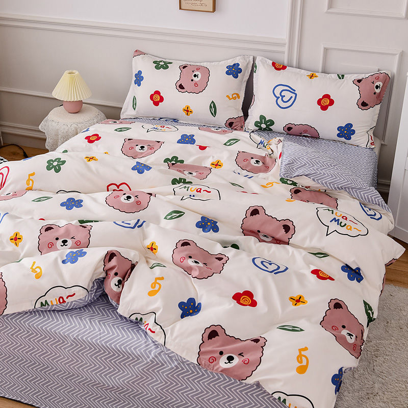 Cute Bear Bedding Set Girls Boys Kids Single Double Size Flat Sheet Duvet Cover Pillowcase Bed Linens White Blue Home Textile