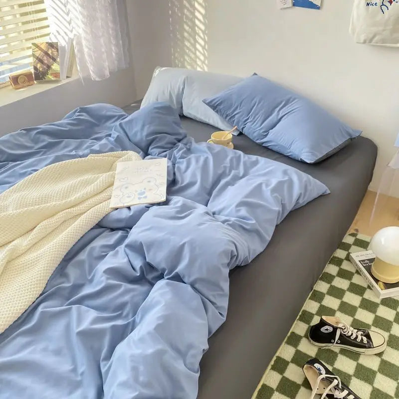 Korean Solid Color Bedding Set Adults Kids Twin Full Queen Size Soft Bed Flat Sheet Duvet Cover Set Pillowcases Simple Bed Linen