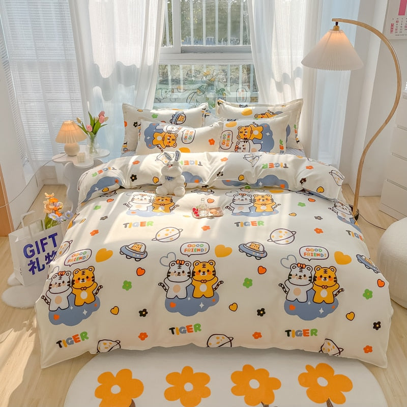 Cotton Home Textile Rose Floral Bedding Set Boy Girl Duvet Cover Flat Sheet Pillowcase Aesthetic Bedcloth Double Queen Bed Linen