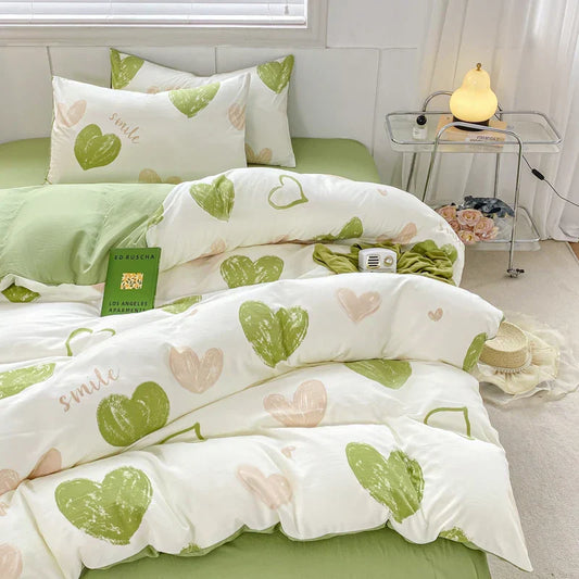 Sweet Green Heart-Shaped Princess Girls Duvet Covers Simple Quilt Cover Bed Flat Sheet Pillowcase Washed Cotton Bed Linens