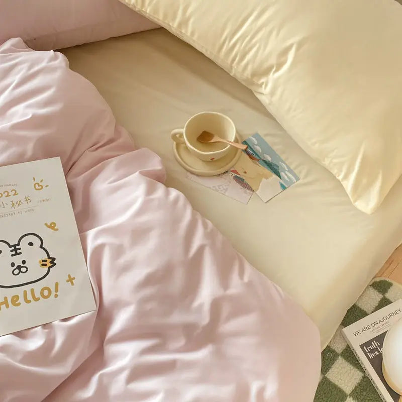 Korean Solid Color Bedding Set Adults Kids Twin Full Queen Size Soft Bed Flat Sheet Duvet Cover Set Pillowcases Simple Bed Linen