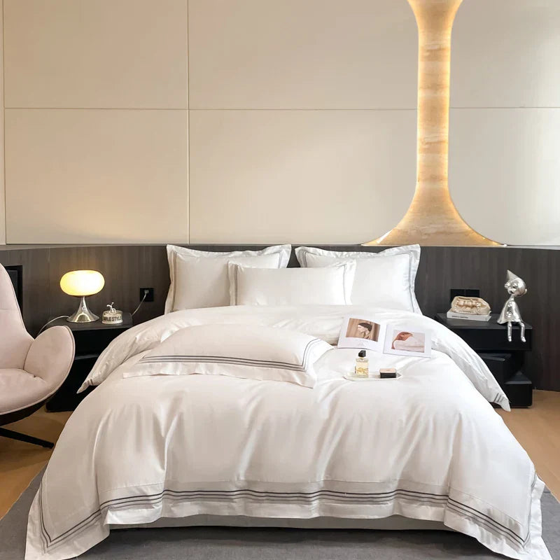 100% Cotton Luxury Hotel Style Bedding Set Queen King Size Solid Color Embroidery Duvet Cover Flat/Fitted Bed Sheet Pillowcases