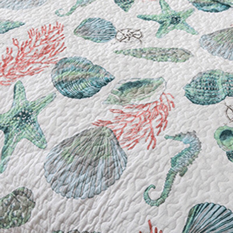 Double Bed Cotton Print Sea Life 3 Piece Quilted Quilt Pillowcase Free Shipping