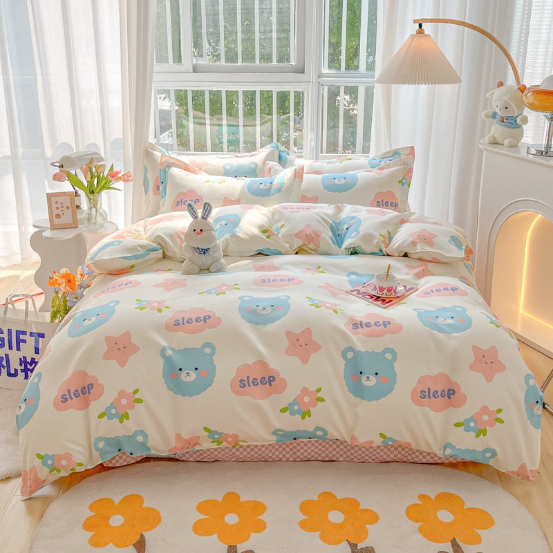 Cotton Home Textile Rose Floral Bedding Set Boy Girl Duvet Cover Flat Sheet Pillowcase Aesthetic Bedcloth Double Queen Bed Linen