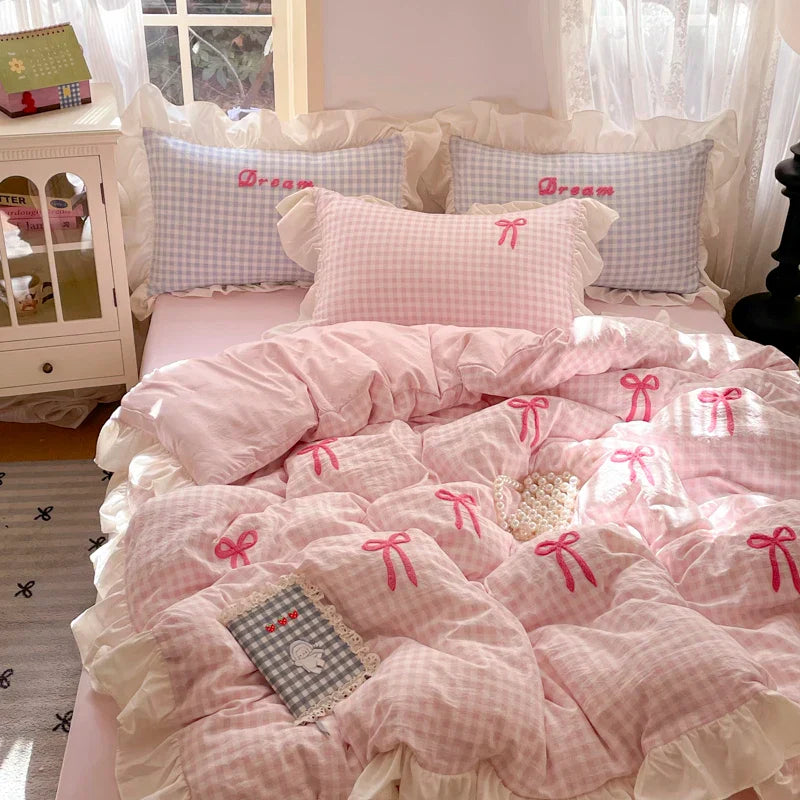 2025 Princess Bedding Set Lace Bow Pink Plaid 4pcs Bedding for Spring Quilt Cover Sheet And Pillowcase Soft Romantic For Girls