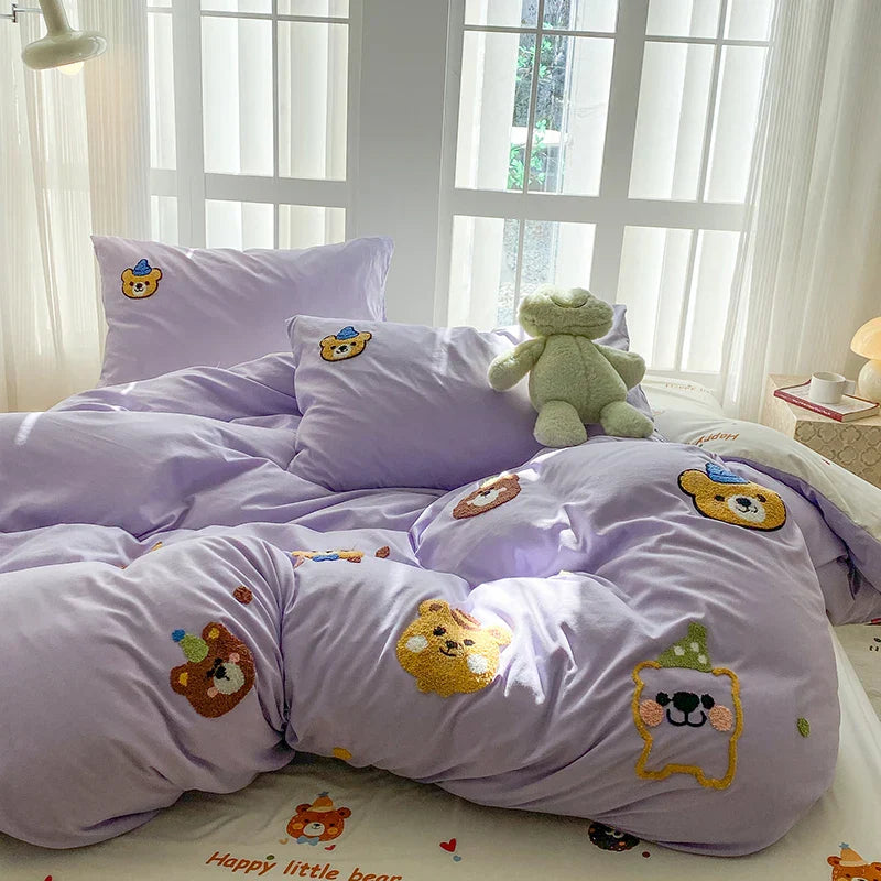 Bedding Set Ins Blue Pink lovely embroidery Mixed With Washed Cotton Minimalist Four Piece Set Fitted Sheets Duvet Cover