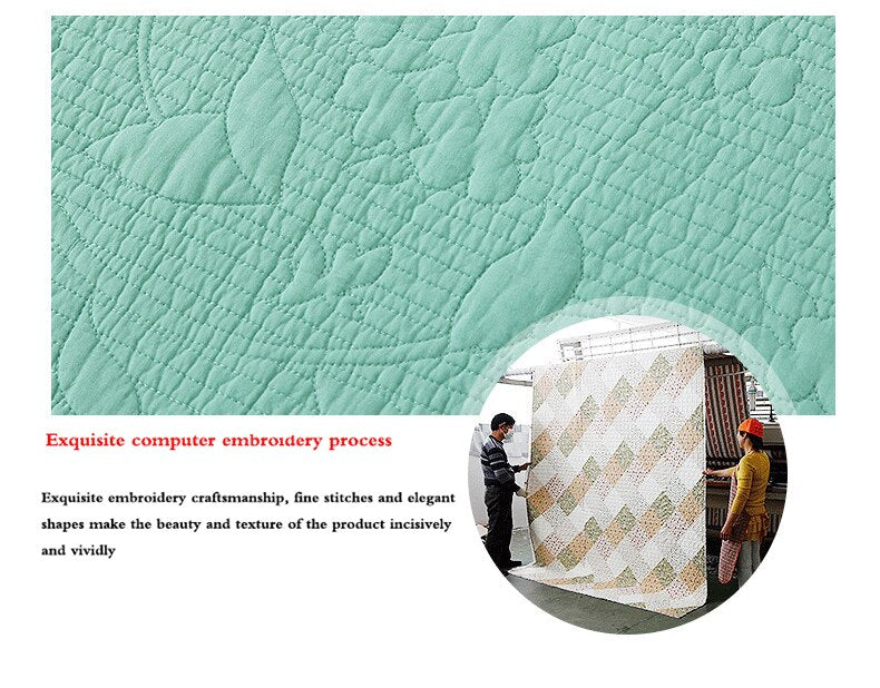 Double Bed 100% Cotton Pure Green 3pcs Printed Quilted Quilt Pillowcase Free Shipping