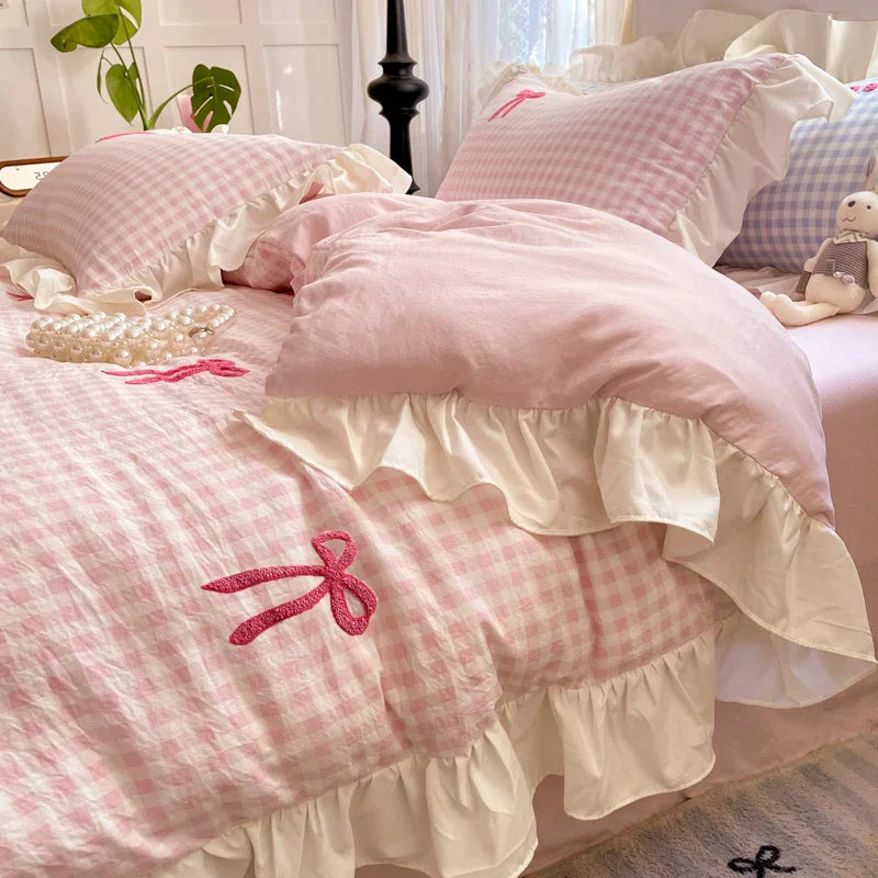 2025 Princess Bedding Set Lace Bow Pink Plaid 4pcs Bedding for Spring Quilt Cover Sheet And Pillowcase Soft Romantic For Girls